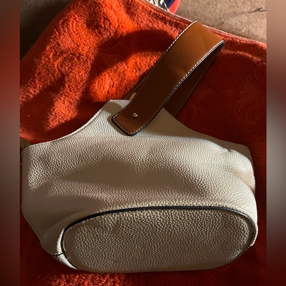 Faux Leather Shoulder Bag in Cream with Tan Strap